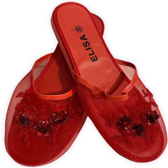 Vintage Sequin Mesh Slides Chinese Beaded Slippers with Floral Embellishments - Picture 6 of 7